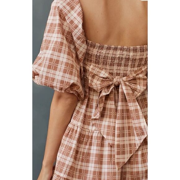 New Faithfull The Brand Eryn Mini Dress in Lori Check Print Dress Brown Plaid 4 - Picture 4 of 7